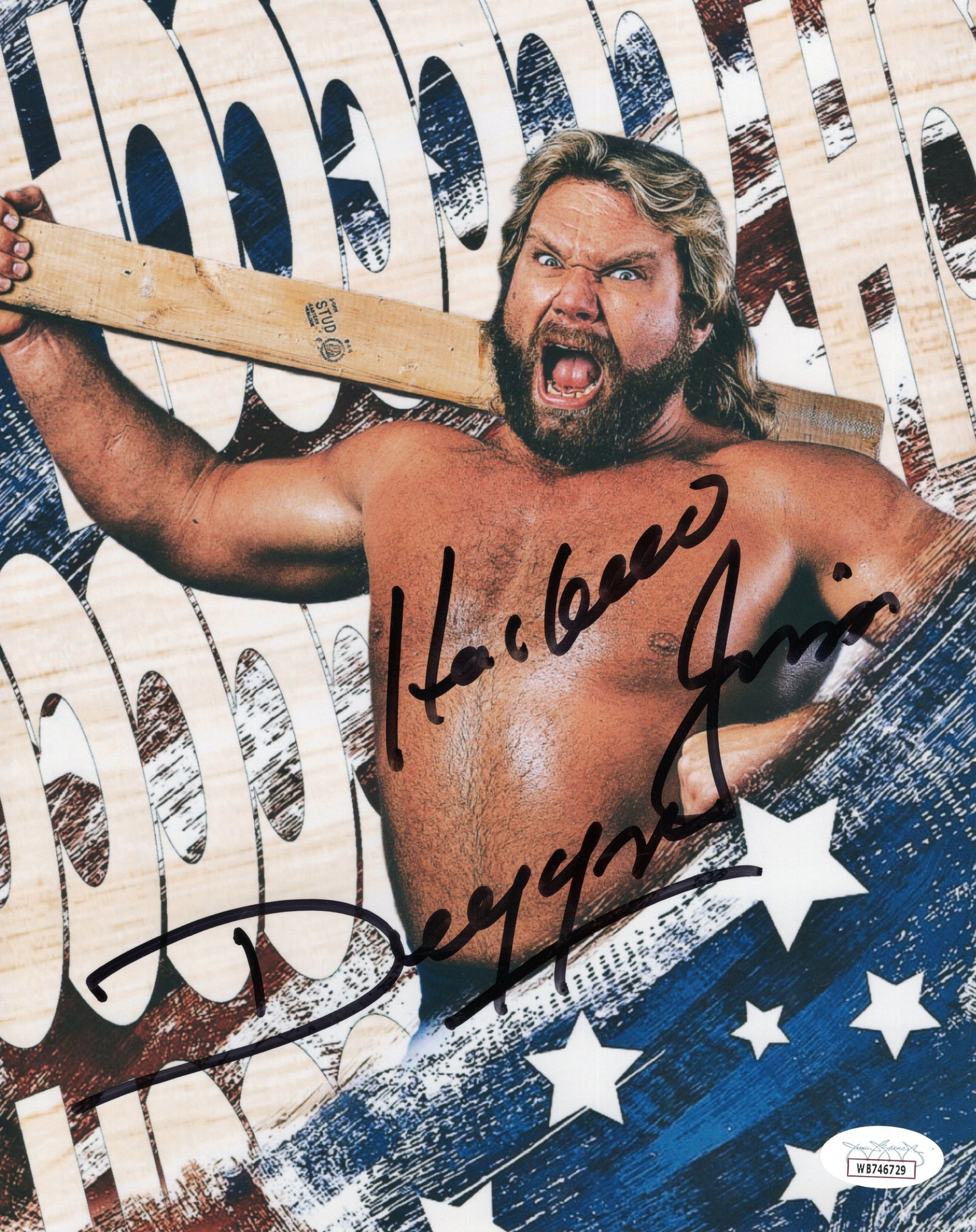Hacksaw Jim Duggan (metallic 8x10) WWF photo signed auto autographed NJPW JSA COA